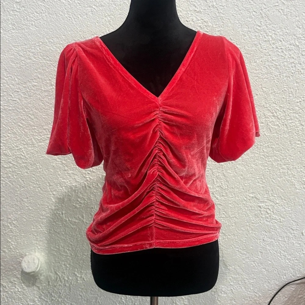 Free People Pink Velvet Top Size Medium V-Neck Puff Sleeve Blouse